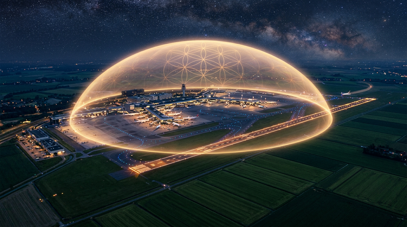 An airport at twilight glowing with soft golden light beneath a starry sky