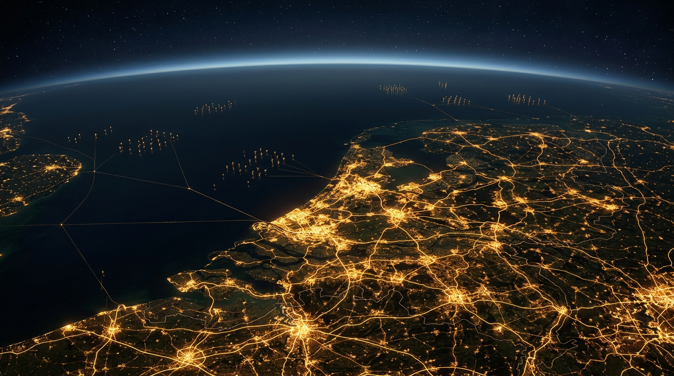 The Netherlands seen from orbit at night, cities glowing gold and linked by threads of light