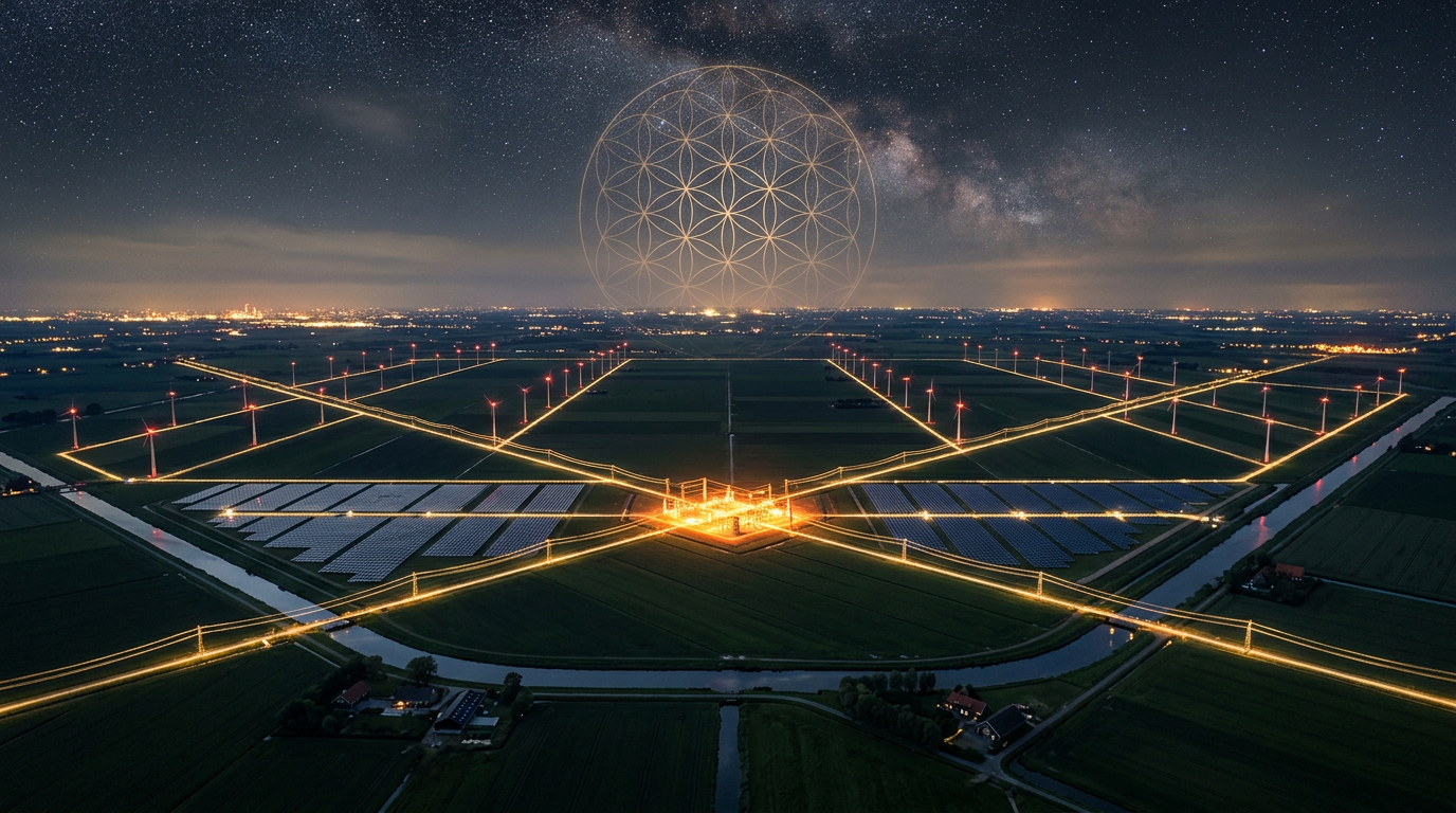 An illuminated energy grid at night, golden power lines converging on a central node beneath a flower-of-life pattern