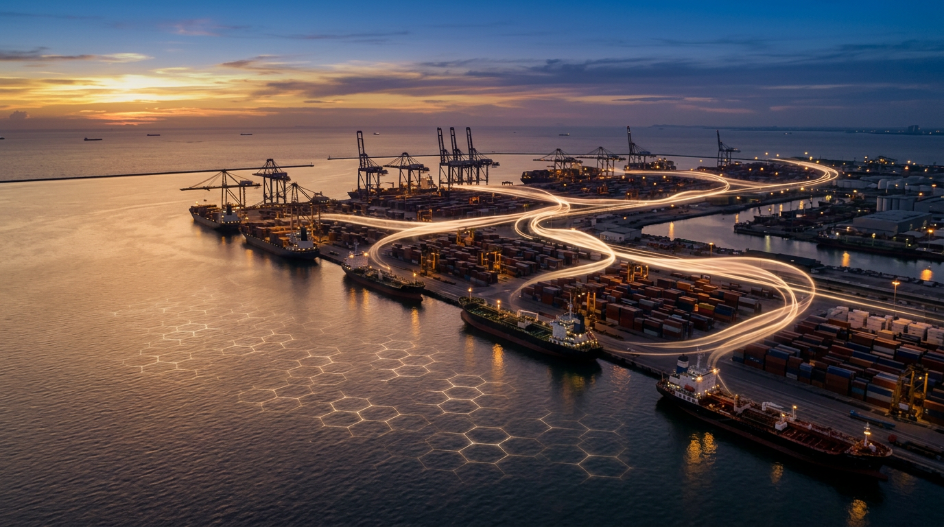 A port city at dusk with cranes silhouetted against a luminous golden sky