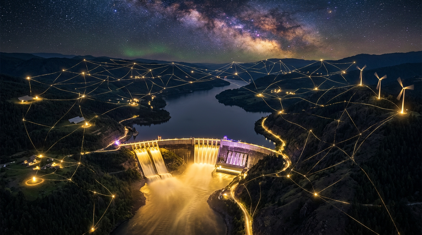 A glowing hydroelectric dam at night, surrounded by wind and solar nodes linked by threads of light beneath the Milky Way