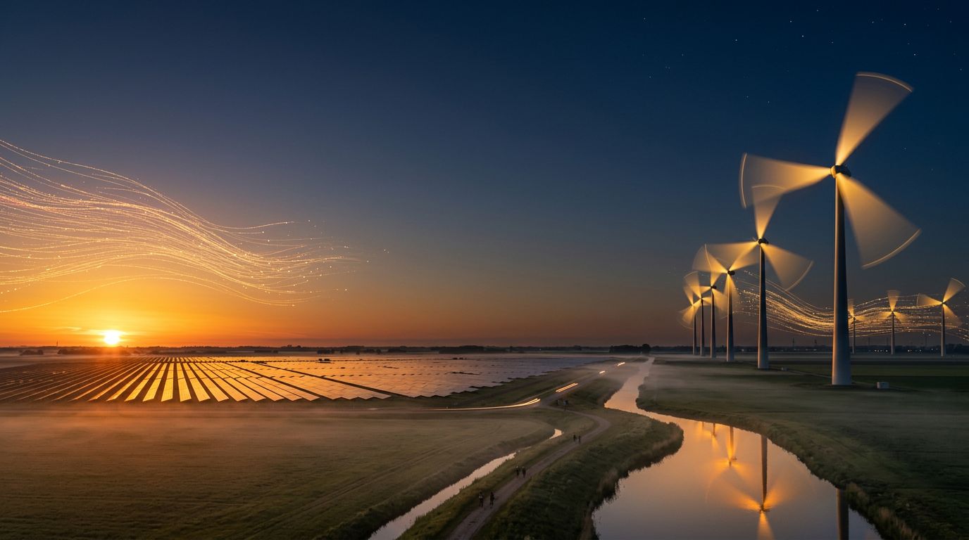 At twilight the sun sets over a solar field while wind turbines spin, golden streams of energy flowing between them